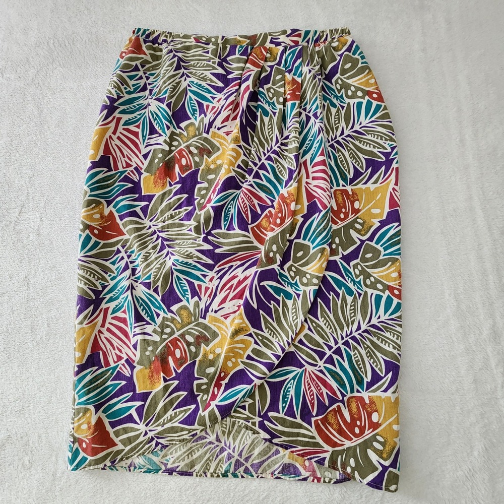 Vintage Faux Wrap Skirt Womens 10 Tropical Leaf Maximalist Bold Bright Vacation
